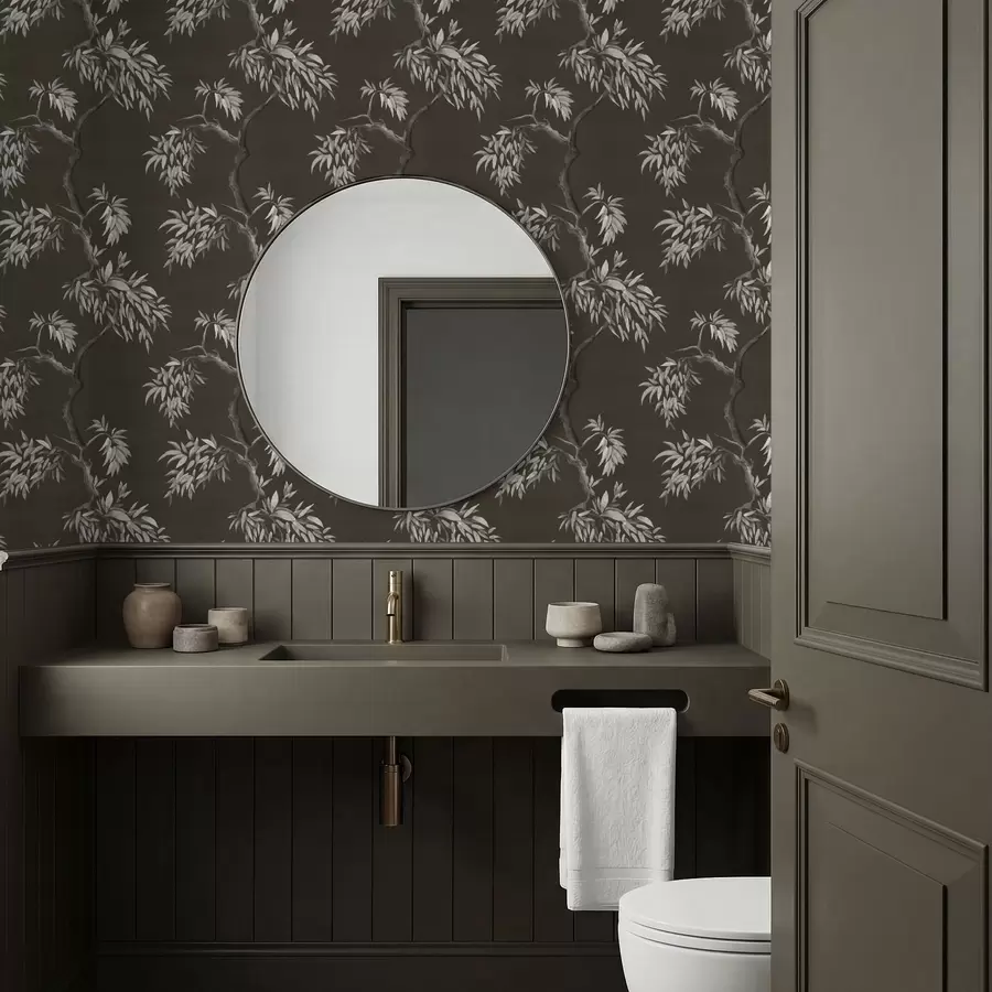 Fototapet Monokrom gren med löv på mörk bakgrund a01117v2