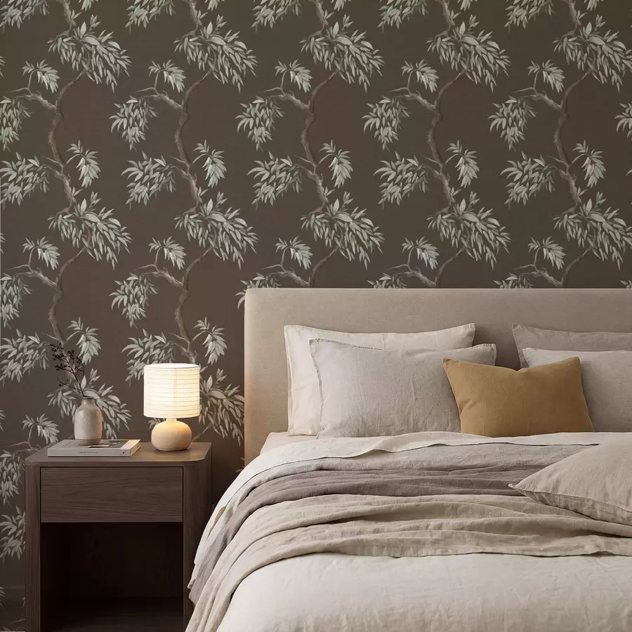 Fototapet Trädgren med löv på brun bakgrund a01117v3