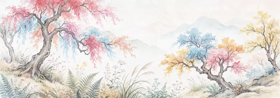 Fototapet Målad färgglad trädgård på betongvägg w05246