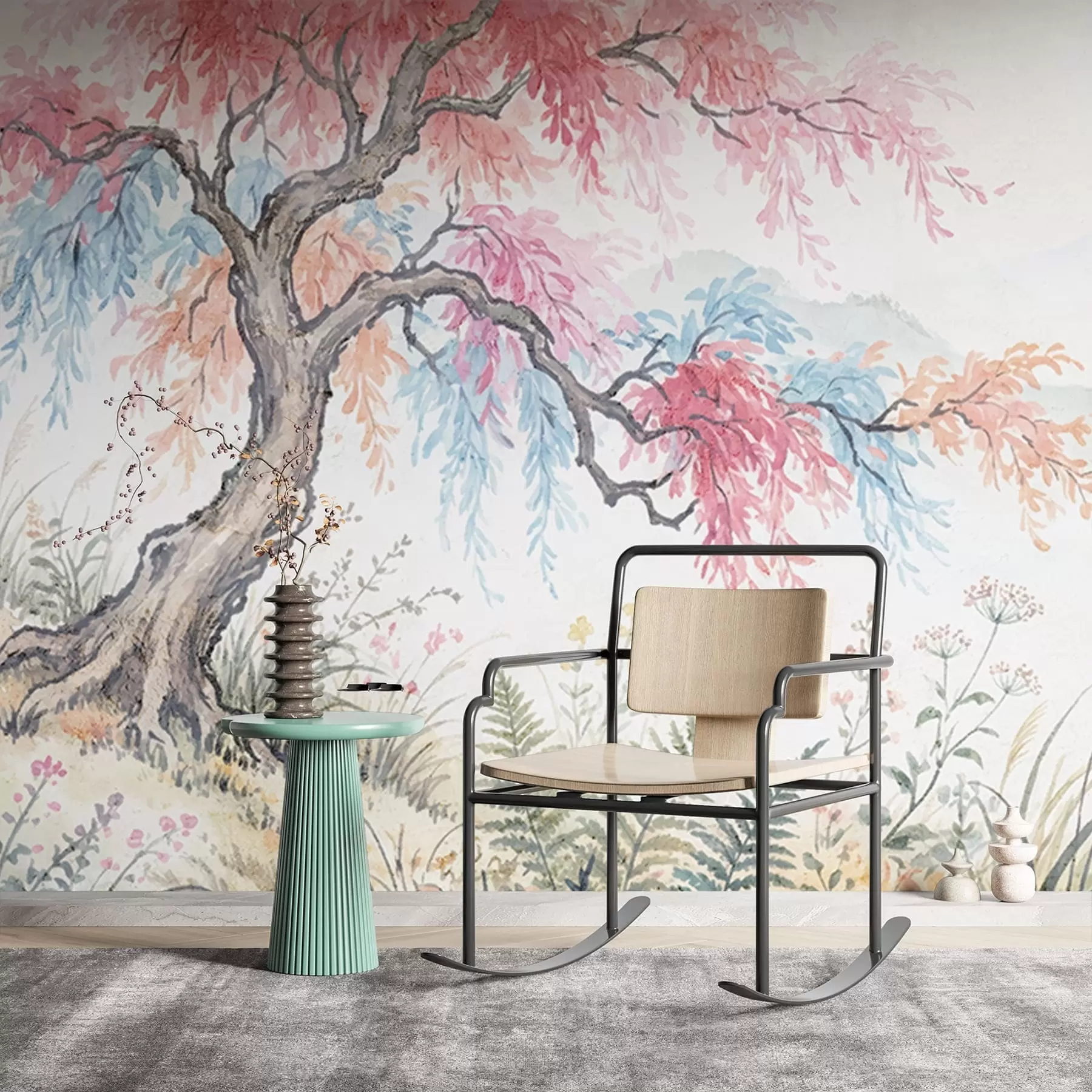 Fototapet Målad färgglad trädgård på betongvägg w05246