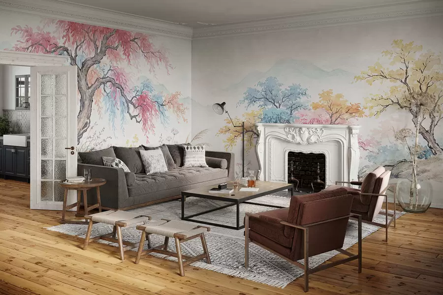 Fototapet Målad färgglad trädgård på betongvägg w05246