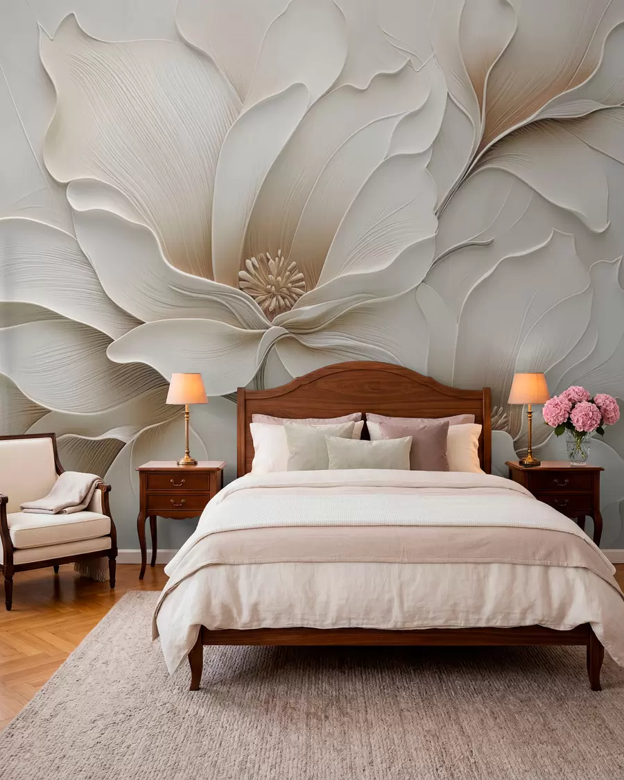 Fototapet Präglad beige blomma i relief, närbild w05269