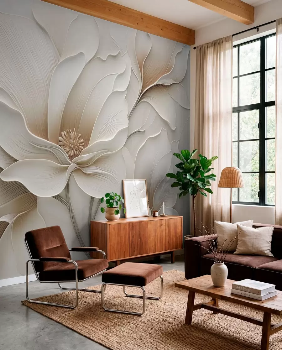 Fototapet Präglad beige blomma i relief, närbild w05269