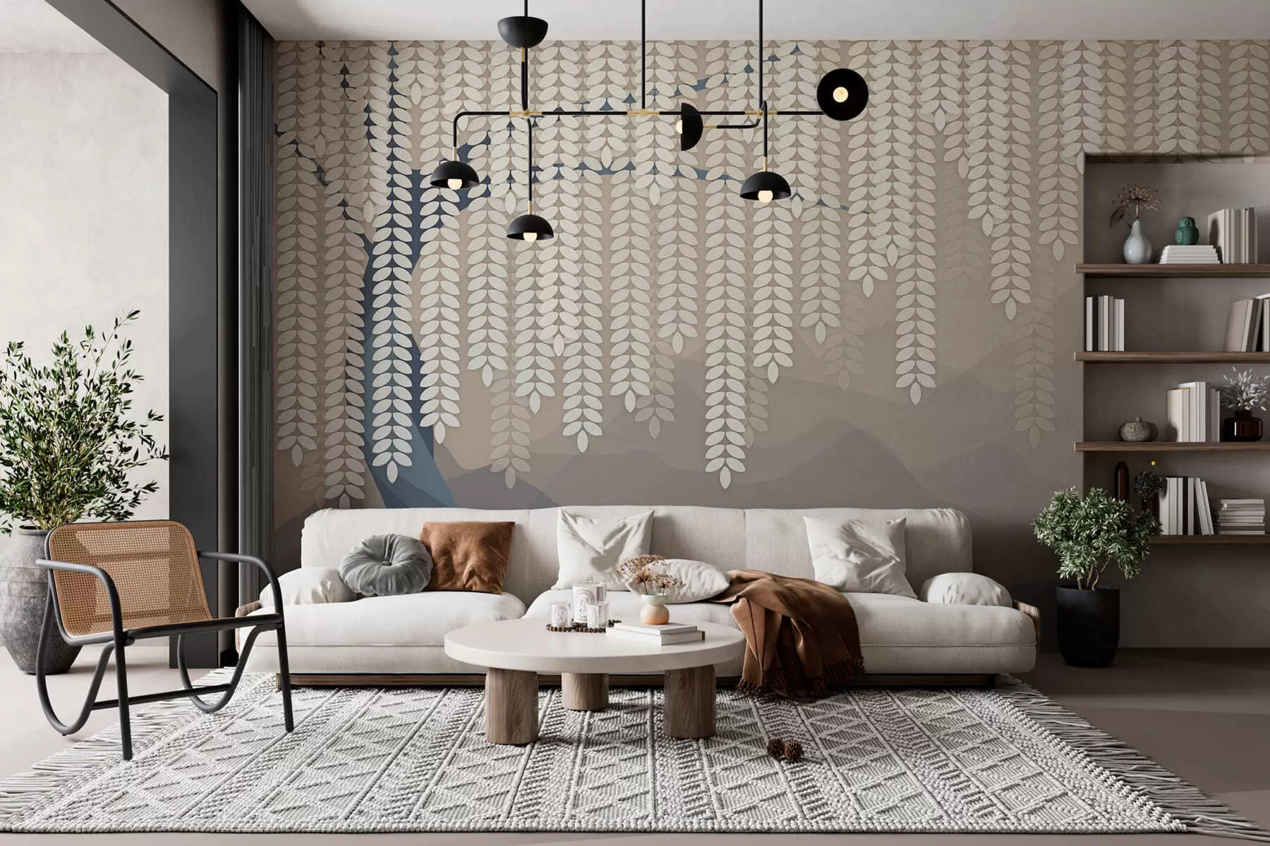 Fototapet stiliserad pil med hängande löv mot en bakgrund av minimalistiska berg i nyanser av beige och blågrönt w05232