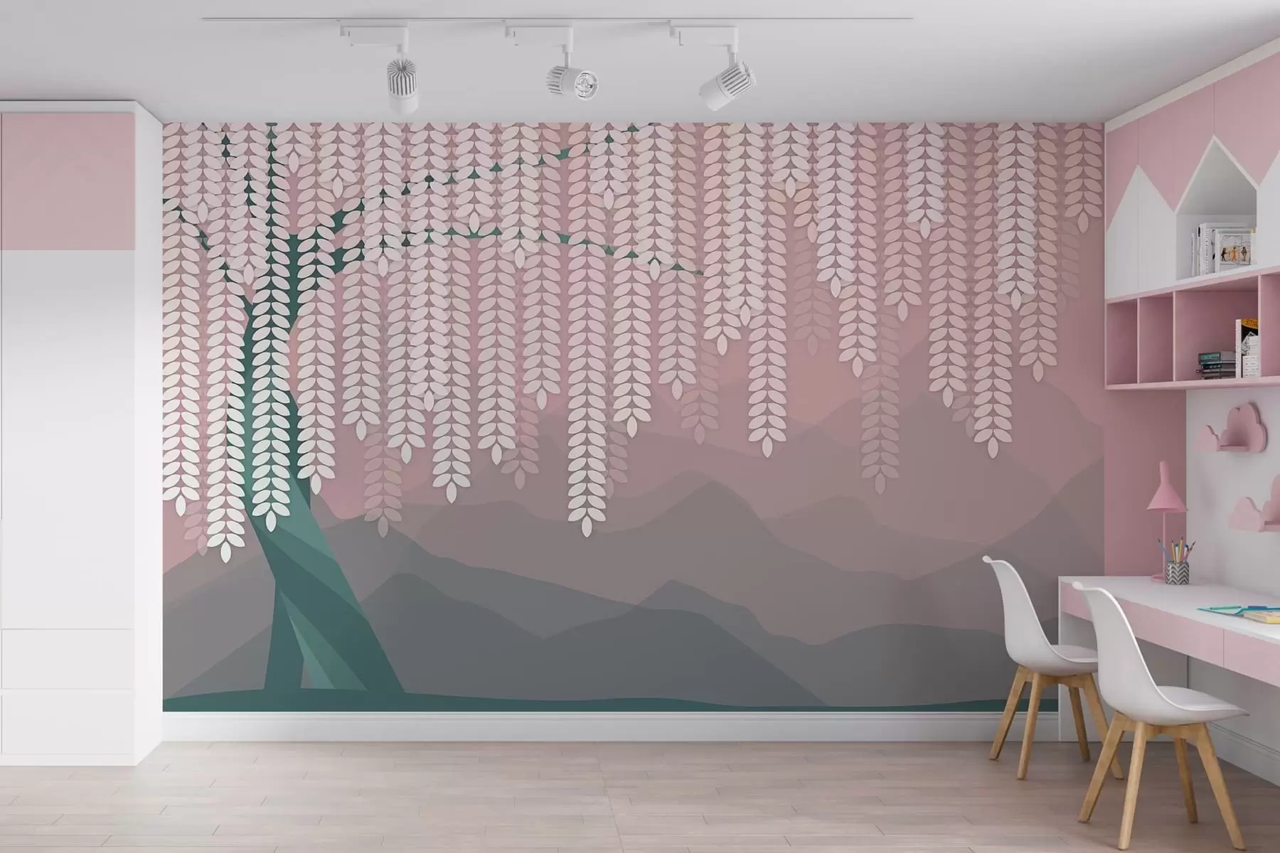 Fototapet Stiliserad pil med hängande löv mot en bakgrund av minimalistiska berg i nyanser av rosa och mörkgrönt. w05232v4