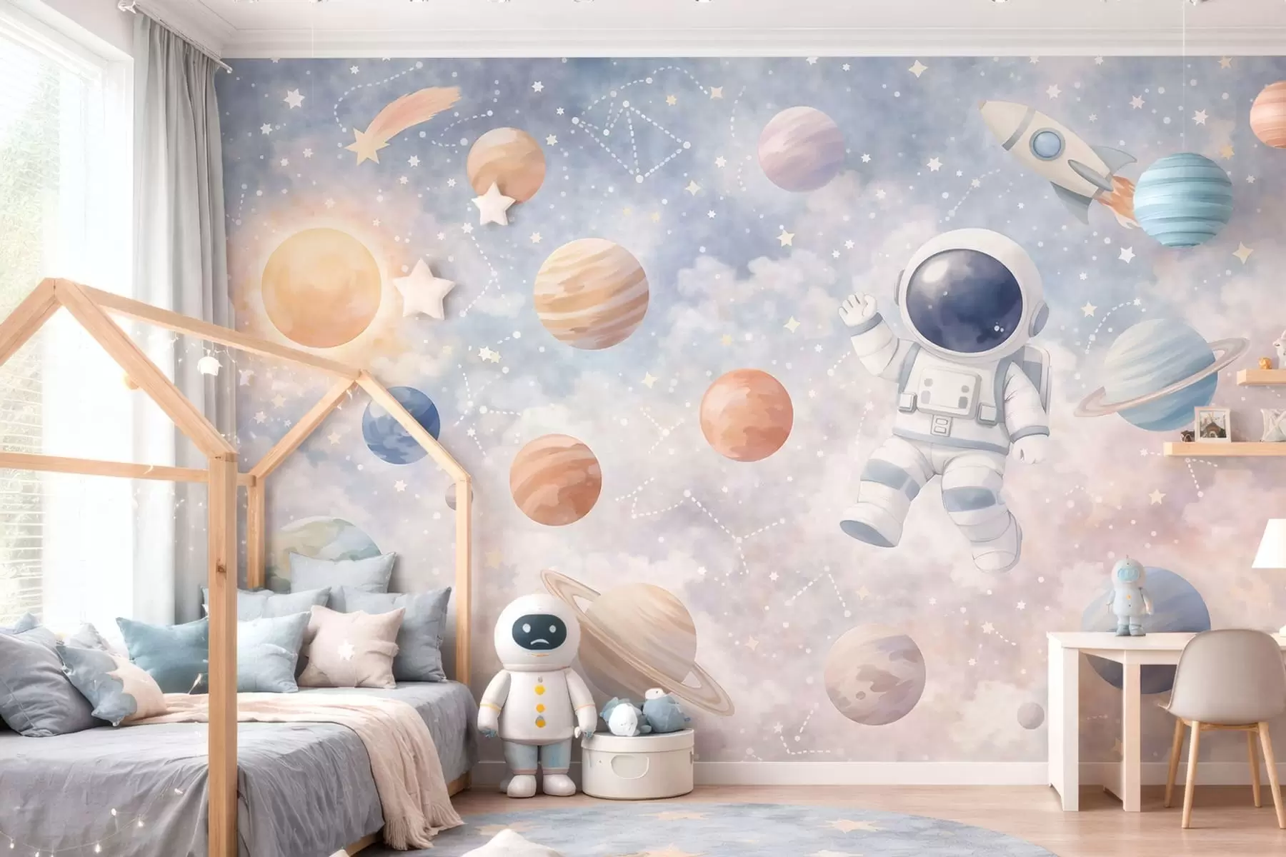 Fototapet en liten astronaut bland planeter och stjärnor w05233