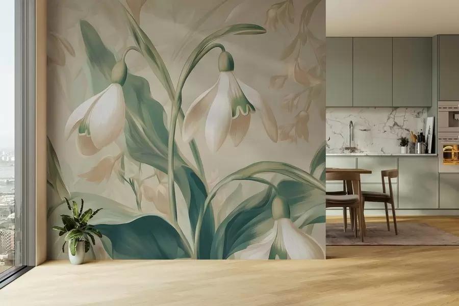 Fototapet blommande snödroppar på beige bakgrund w05234