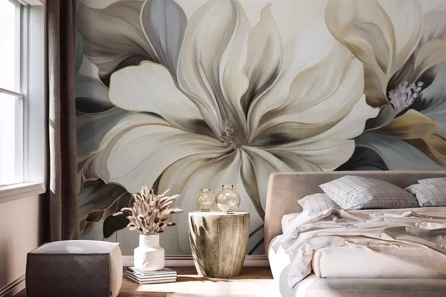 Fototapet Stora, krämiga magnoliablommor med bruna och grå blad, mjuk belysning, abstrakt bakgrund w09749