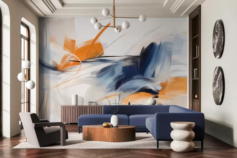 Fototapet Abstrakt målningsstil med orange och blå texturerade penseldrag w09755