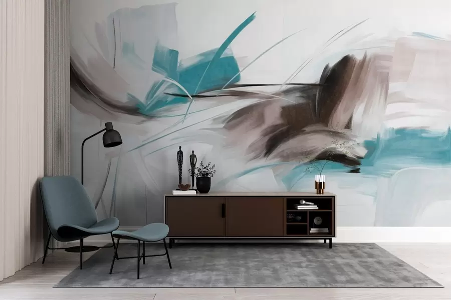 Fototapet Abstrakt målningsstil med bruna och blå texturerade penseldrag w09755v1