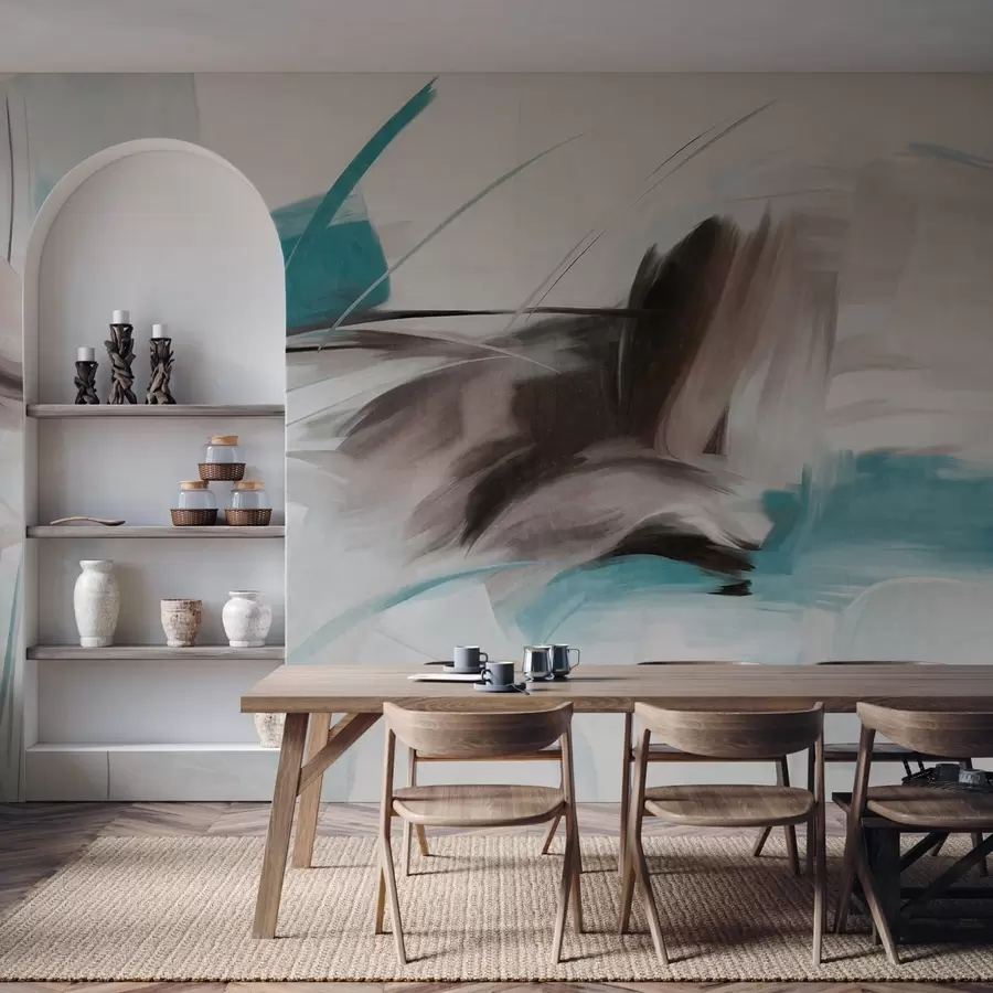 Fototapet Abstrakt målningsstil med bruna och blå texturerade penseldrag w09755v1