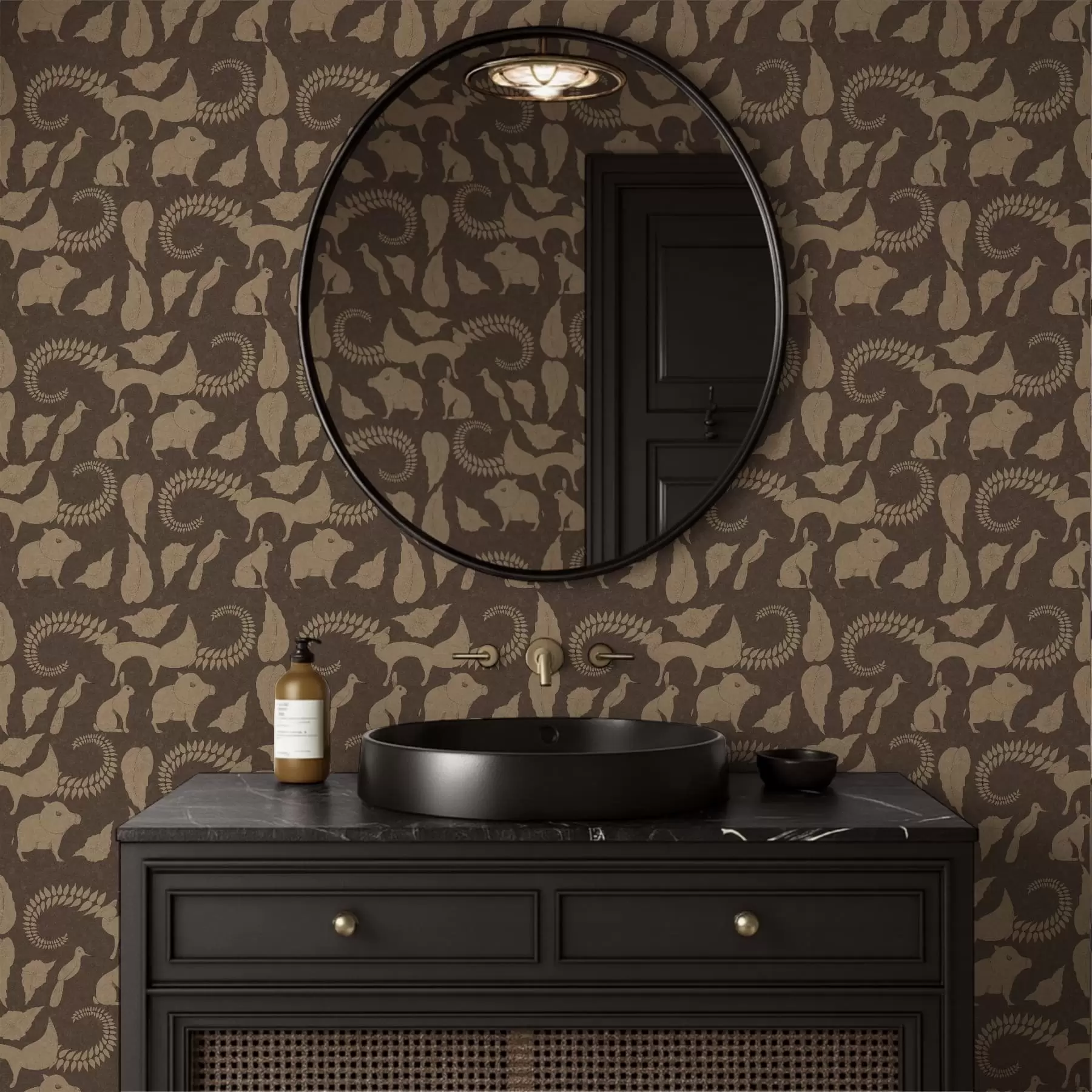 Fototapet Skogsmönster med djur på brun bakgrund a01121