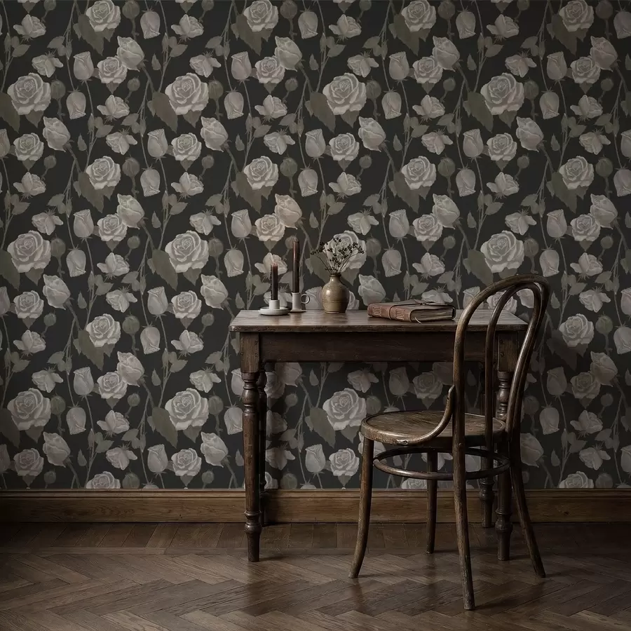 Fototapet Blommönster med rosor på mörk bakgrund a01123