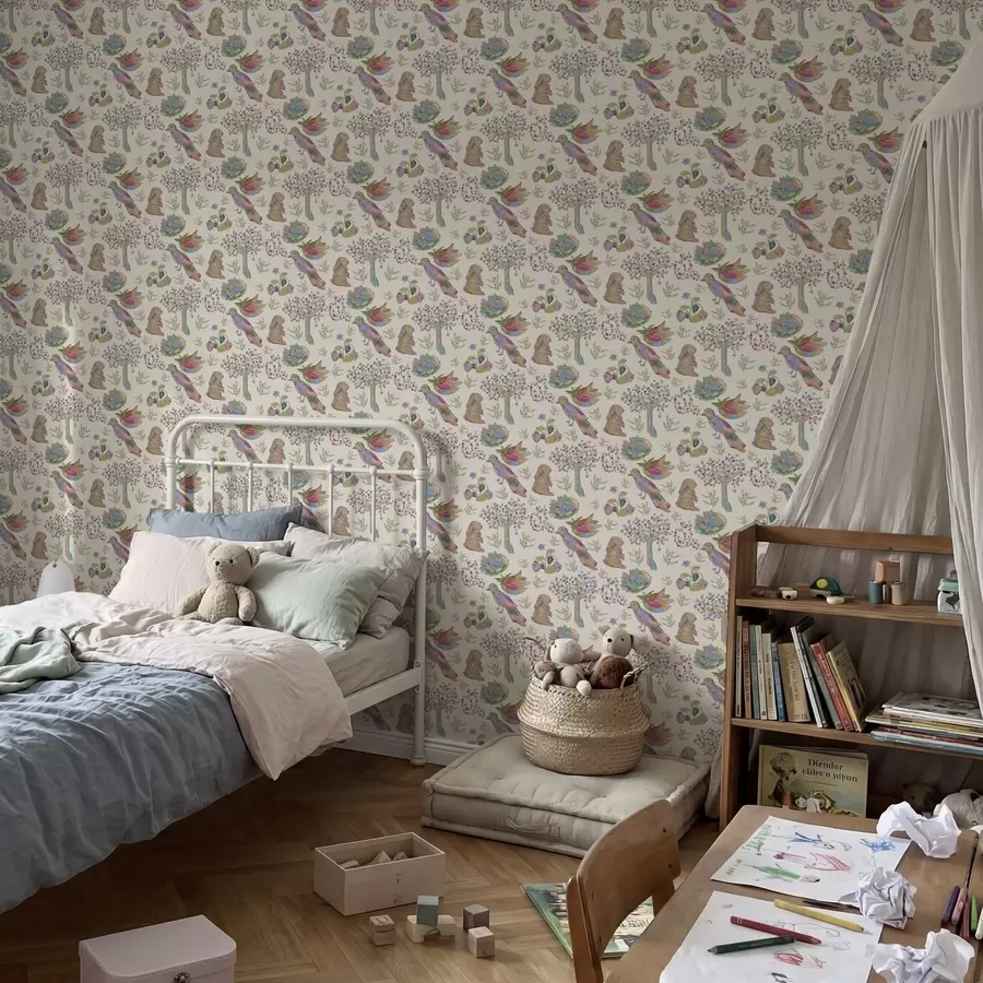 Fototapet Färgglatt barnmönster med fåglar och kaniner a01127