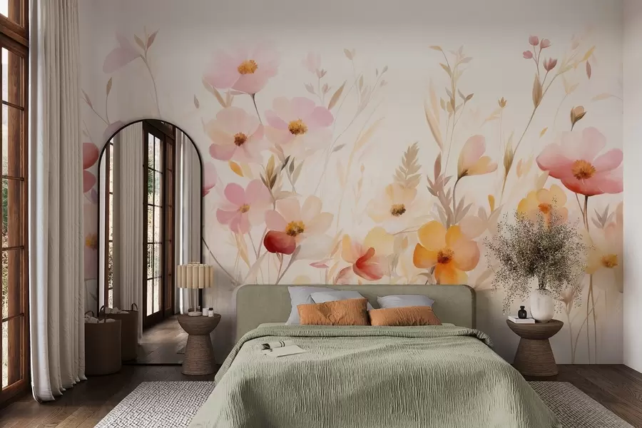 Fototapet Abstrakt motiv av vildblommor i pastellfärger, akvarellmålning w09757