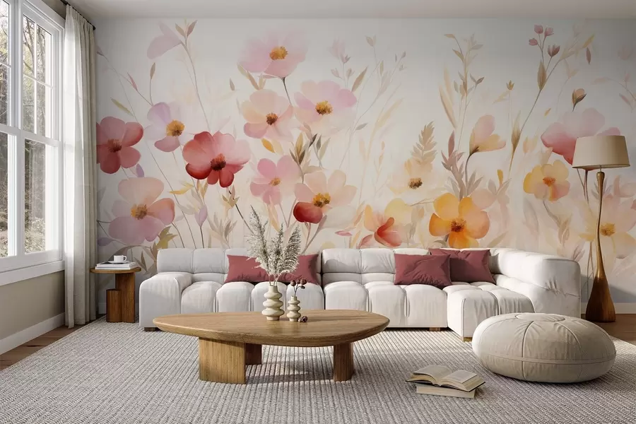 Fototapet Abstrakt motiv av vildblommor i pastellfärger, akvarellmålning w09757