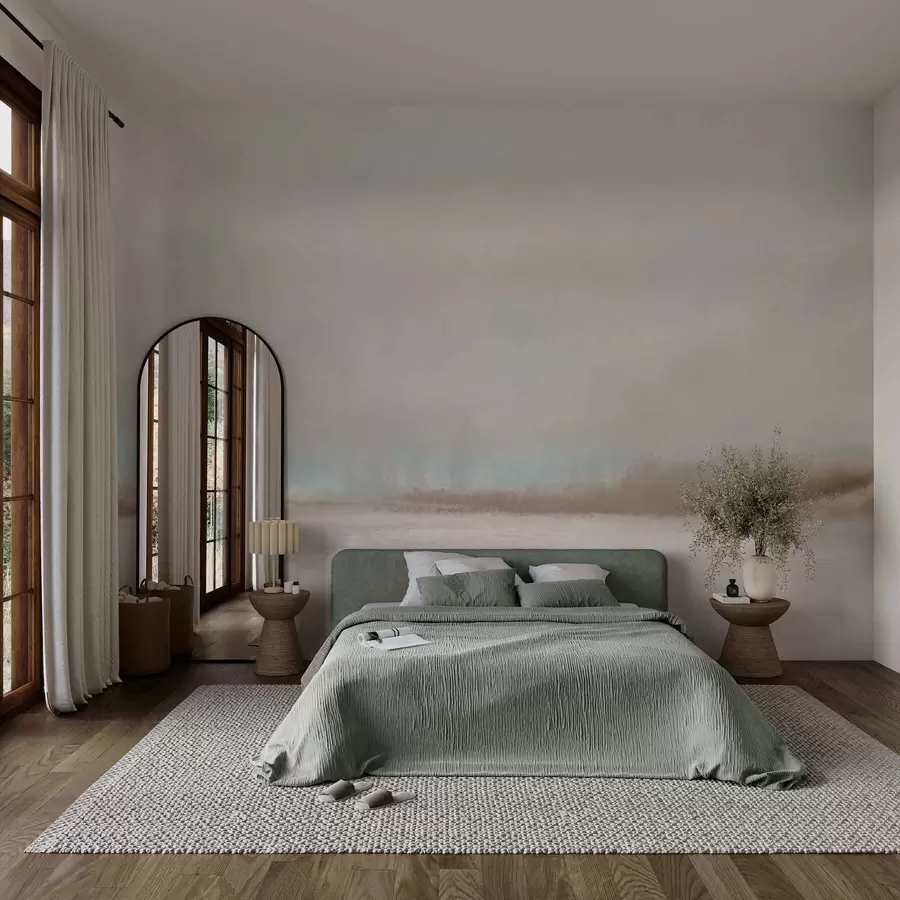 Fototapet Dimma över landskap med sjö och skog w05319