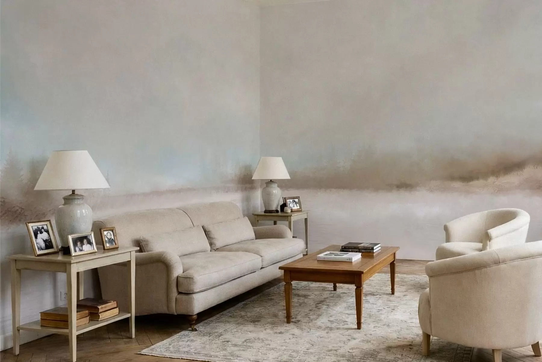 Fototapet Dimma över landskap med sjö och skog w05319