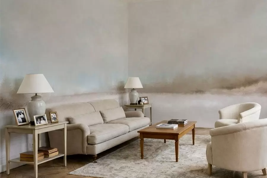 Fototapet Dimma över landskap med sjö och skog w05319