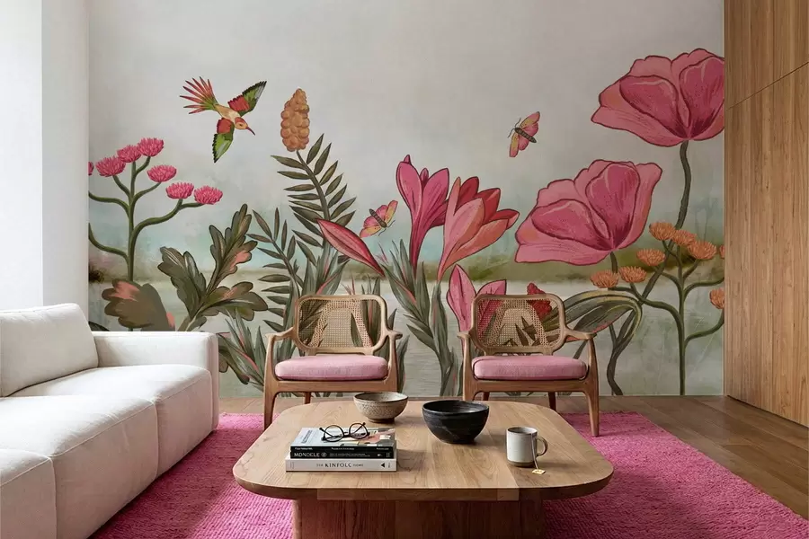 Fototapet Ljusa blommor med fåglar och fjärilar w05321