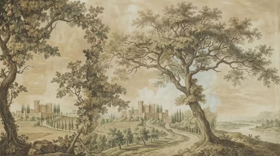 Fototapet Pastoralt landskap i broderad stil w05359