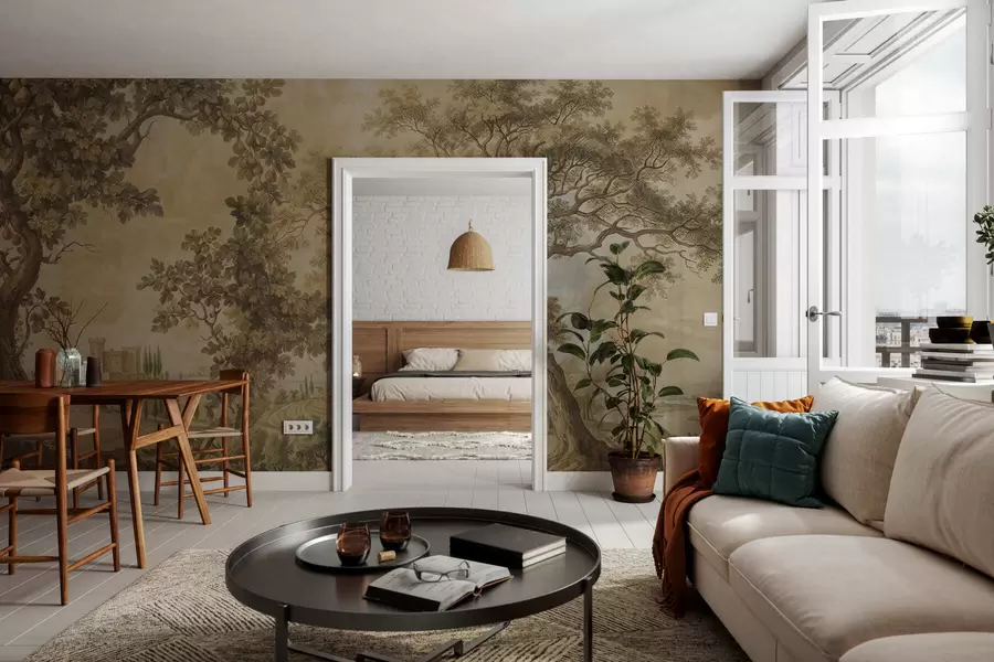 Fototapet Pastoralt landskap i broderad stil w05359