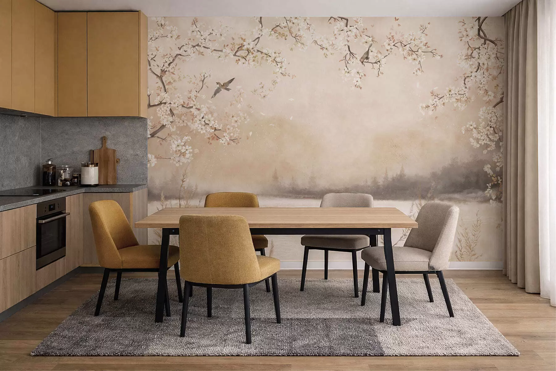 Fototapet Delikata blommande grenar vid sjön med fåglar i lätt dimma w05155