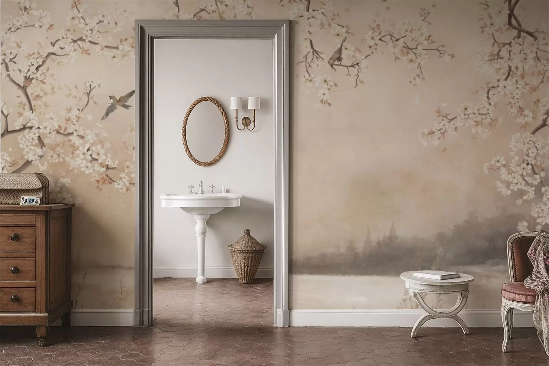 Fototapet Delikata blommande grenar vid sjön med fåglar i lätt dimma w05155