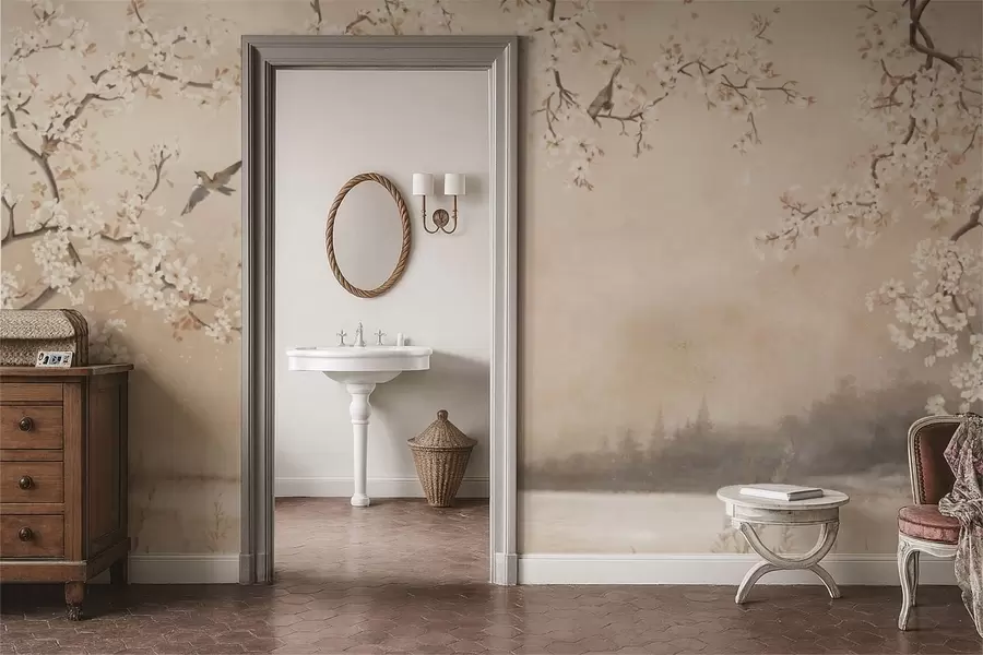 Fototapet Delikata blommande grenar vid sjön med fåglar i lätt dimma w05155