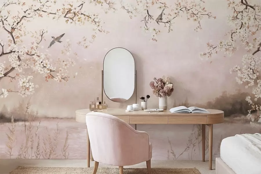 Fototapet Blommande grenar ovanför en lugn sjö med fåglar i dimman w05155v1