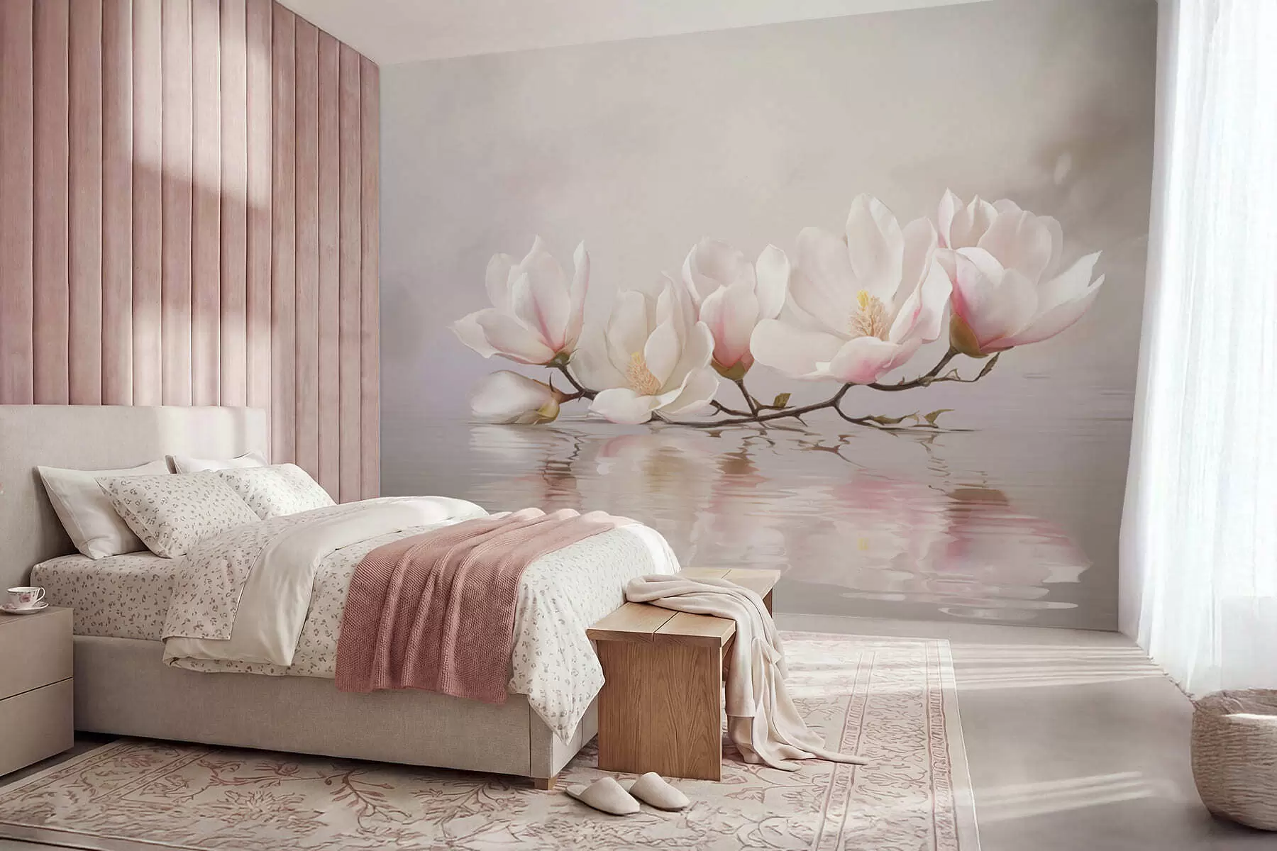 Fototapet Magnoliagren med blommor ovanför stilla vattenreflektion w05353v1