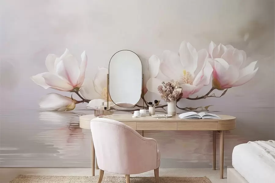 Fototapet Magnoliagren med blommor ovanför stilla vattenreflektion w05353v1