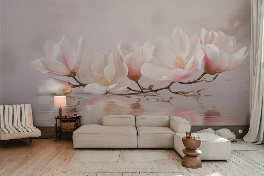 Fototapet Magnoliagren med blommor ovanför stilla vattenreflektion w05353v1