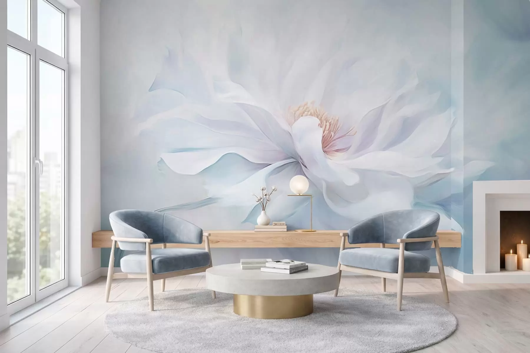 Fototapet Mjuk vit blomma med flödande kronblad på blå bakgrund w05354