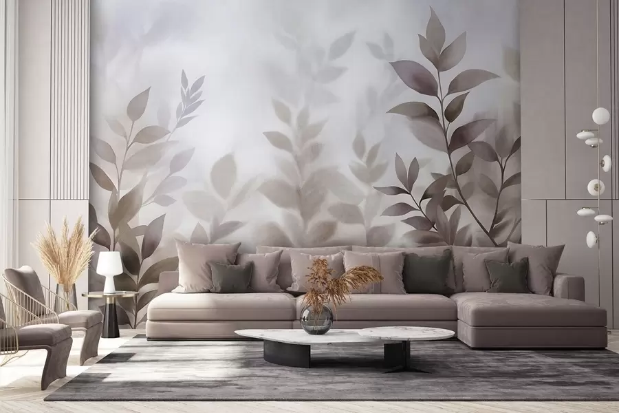 Fototapet Delikata grenar med dämpade bruna och beige blad, akvarellmålningsstil, texturerad konst w09750