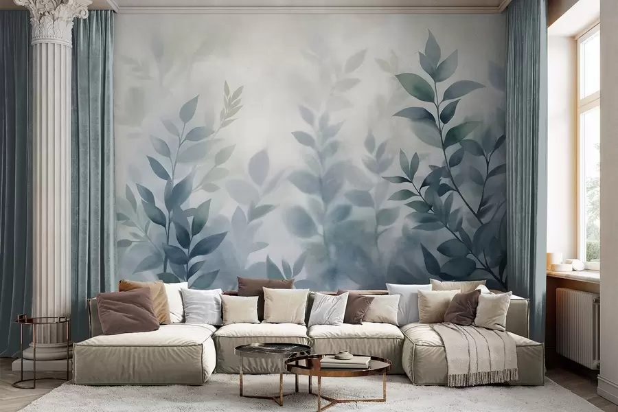 Fototapet Delikata grenar med dämpade blå blad, akvarellmålningsstil, texturerad konst w09750v1