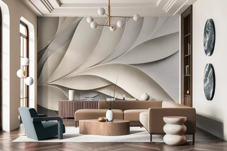 Fototapet Abstrakta blad i beige och grått, texturerad modern konst w09769