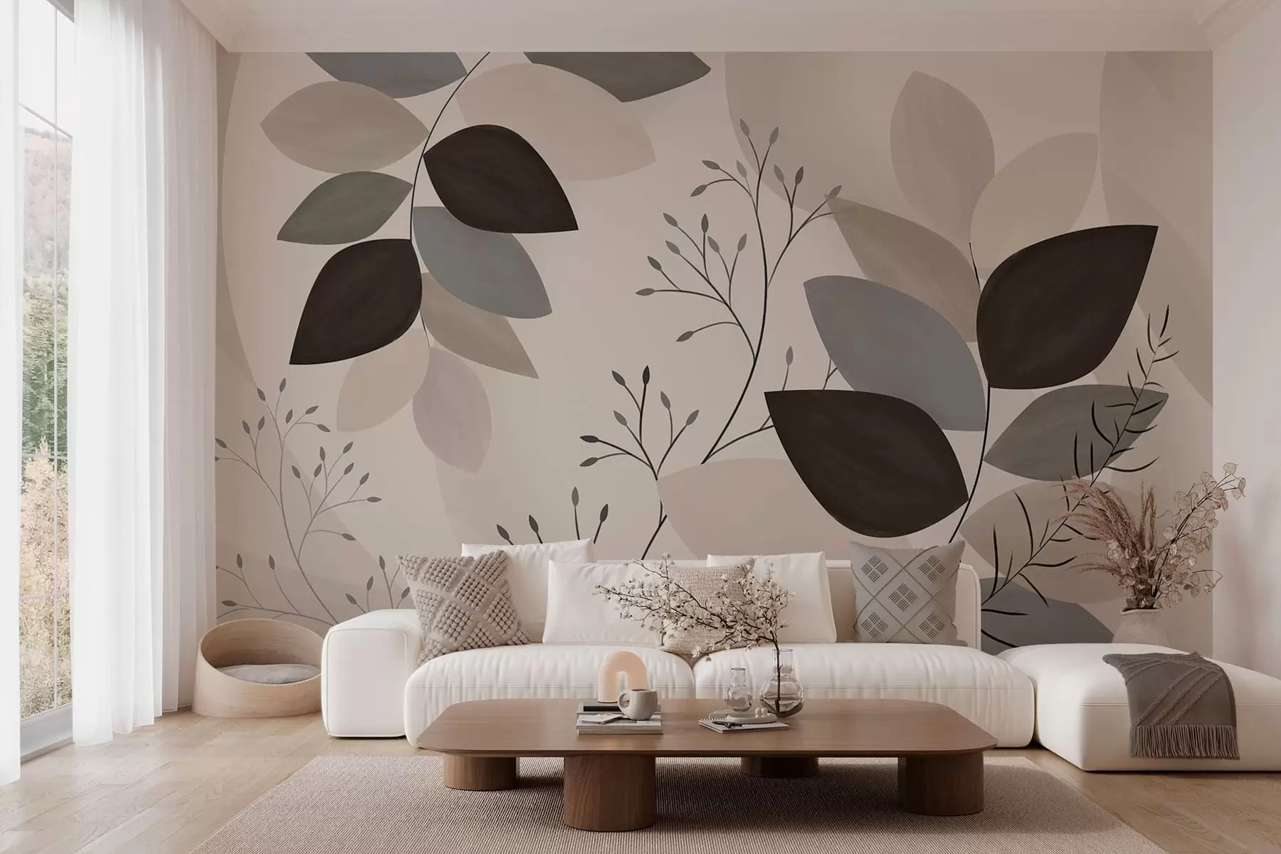 Fototapet löv och gräs i nyanser av beige, grått och brunt w05237