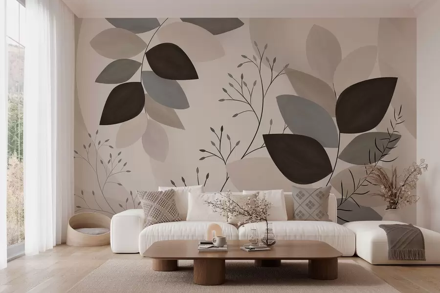 Fototapet löv och gräs i nyanser av beige, grått och brunt w05237
