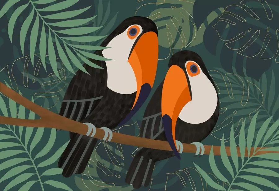 Fototapet ett par tukaner på en gren i afrostil w05239