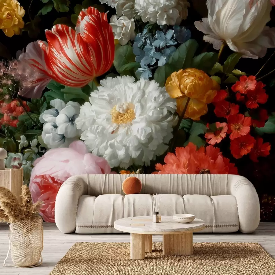 Fototapet En lyxig blomsterarrangemang som föreställer en vårträdgård w09676