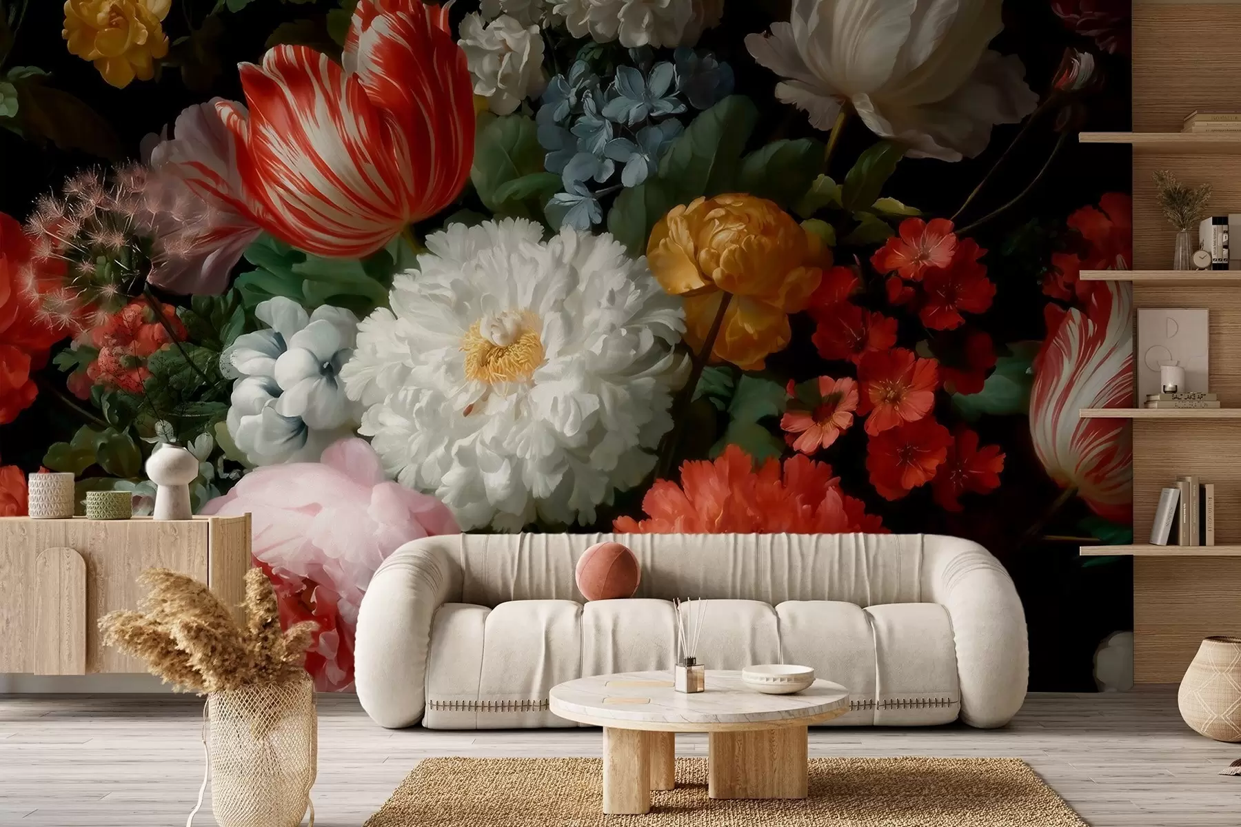 Fototapet En lyxig blomsterarrangemang som föreställer en vårträdgård w09676