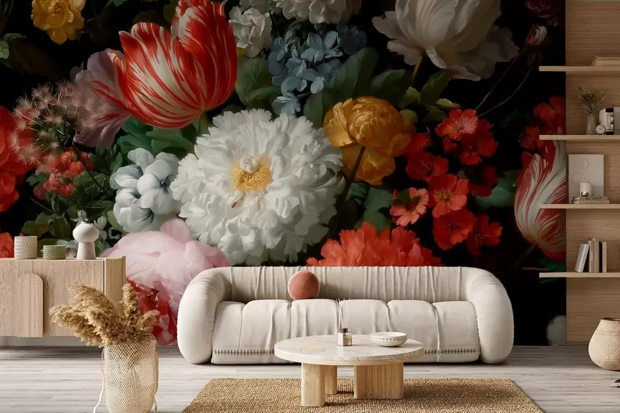 Fototapet En lyxig blomsterarrangemang som föreställer en vårträdgård w09676