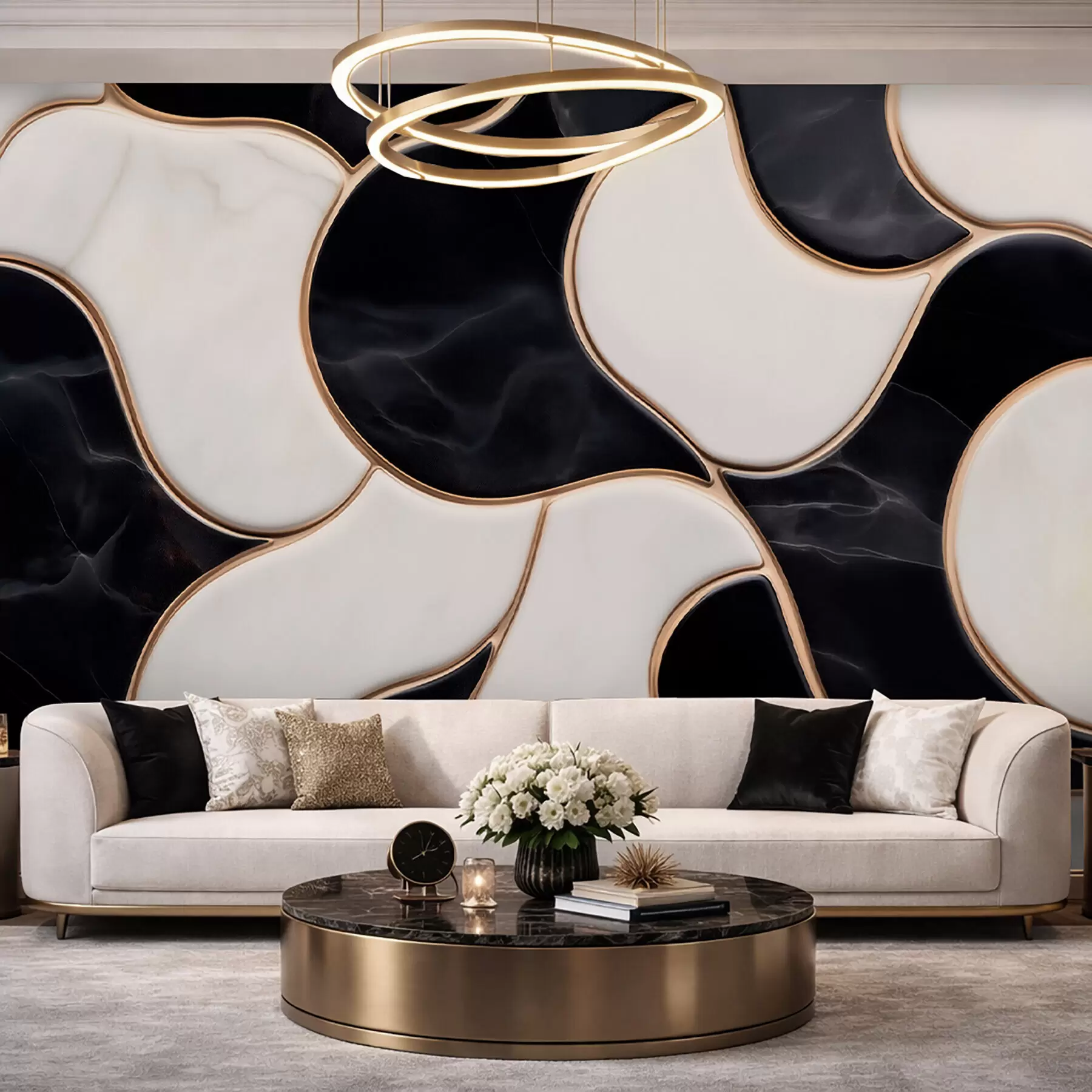 Fototapet Abstrakt imitation av en marmorkomposition i svarta och vita nyanser med gula linjer w09733