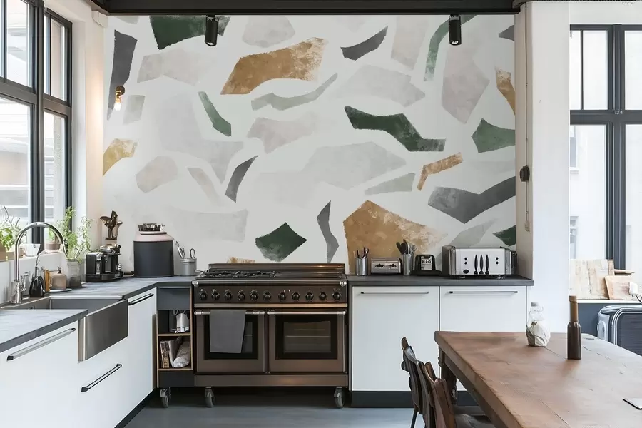 Fototapet Abstrakta texturerade fragment i gröna och beige nyanser w05146