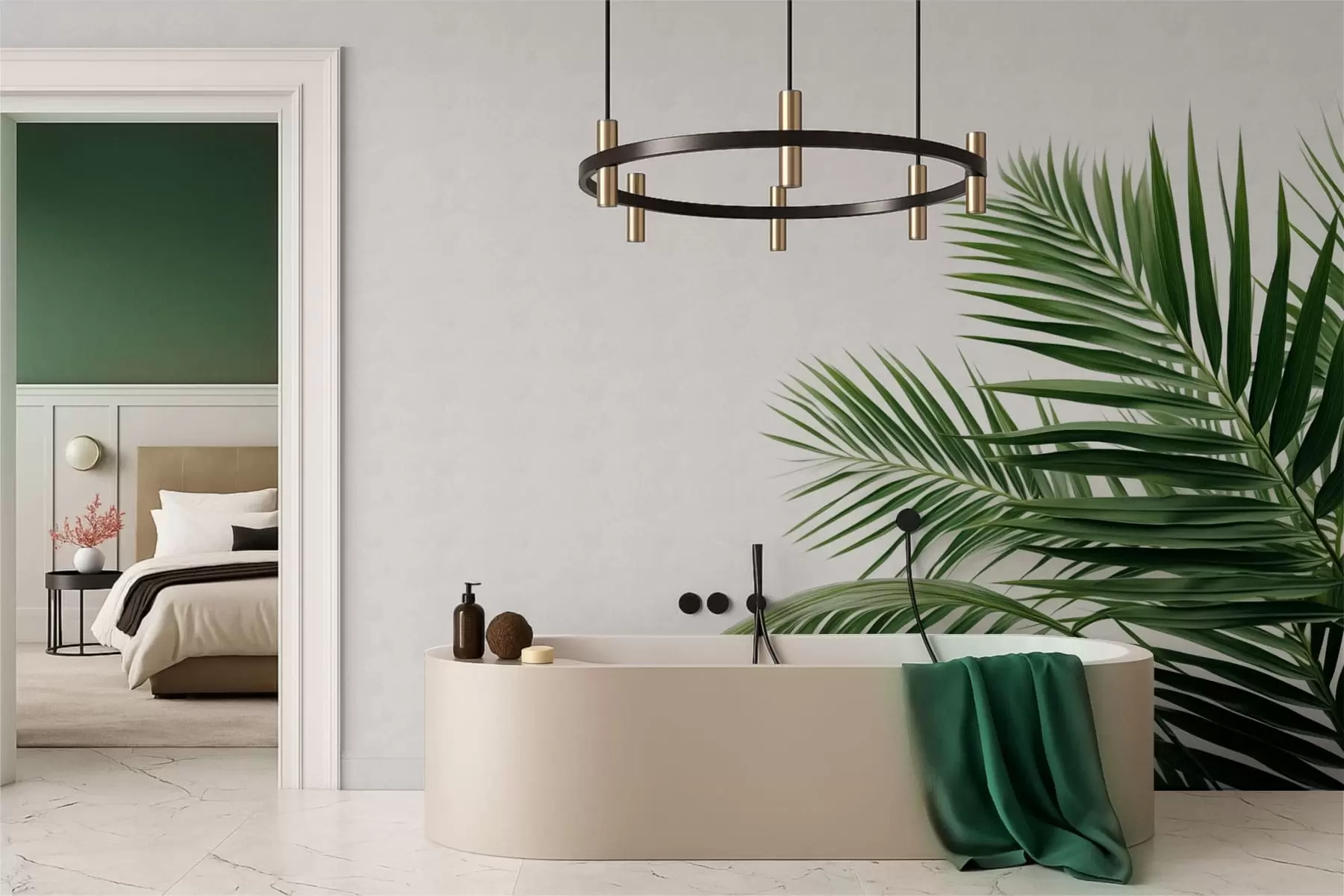 Fototapet Gröna palmblad mot en ljus bakgrund w05391