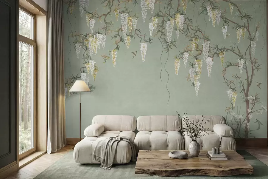 Fototapet Blommande grenar med vita blommor och fåglar på grönt w05394