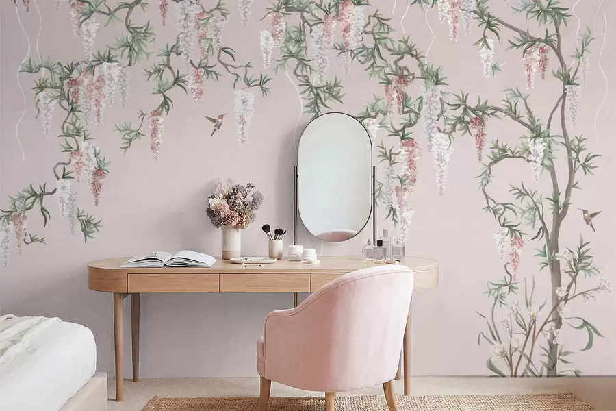 Fototapet Blommande grenar med rosa blommor och fåglar w05394v1
