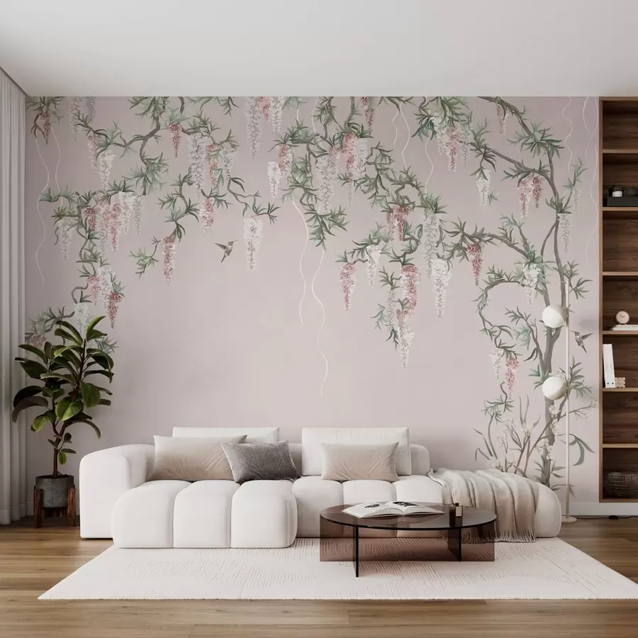 Fototapet Blommande grenar med rosa blommor och fåglar w05394v1