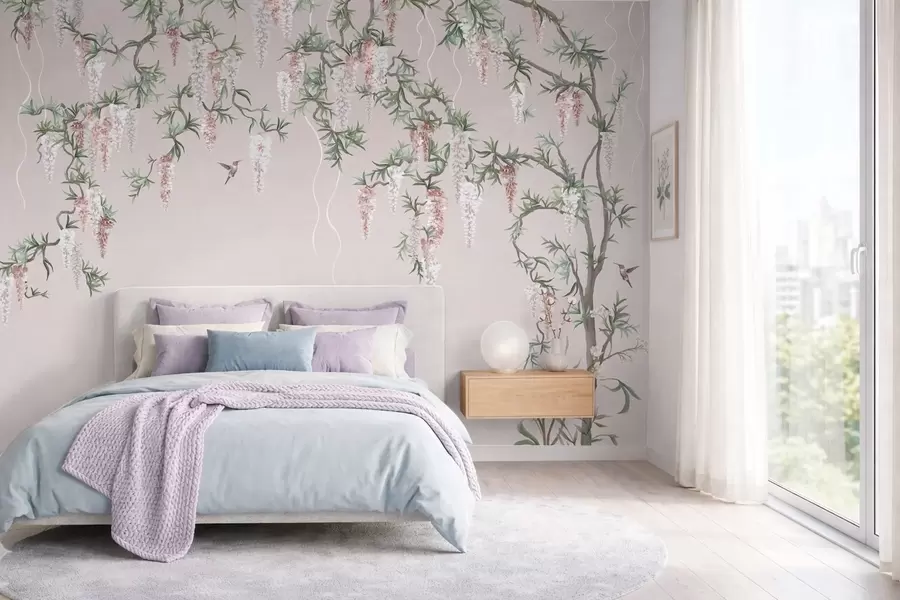 Fototapet Blommande grenar med rosa blommor och fåglar w05394v1